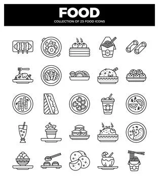 Food icons in a grid pattern on a white background with black title. Stock Illustration