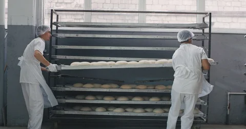Food industry bakery section two professional workers in a special equipment 스톡 동영상 122937463