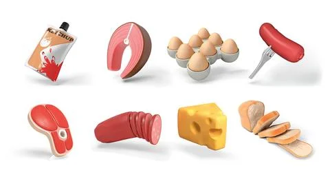 Food isolated 3D vector icon render illustration set Illustrazione stock