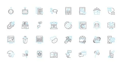 Food items linear icons set. Avocado, Bacon, Bread, Broccoli, Burgers, Cake イラスト素材