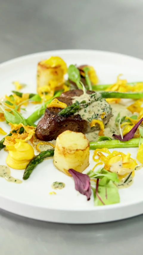 Food, kitchen and fine dining on plate for presentation, luxury or fancy Stock Footage 327280313
