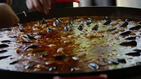 Food Kitchen Preparation Prep Culinary Chef Cooking Paella Mussels Stock Footage 131591006