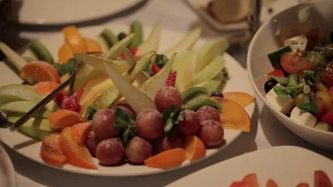 Food lay on buffet table (camera in motion) Stock Footage 71055658