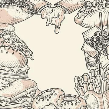 Food menu snacks bread burger sandwich donuts hand drawn poster Stock Illustration