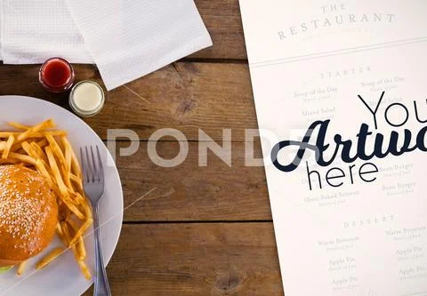 Food &amp; menu on table Plantilla PSD