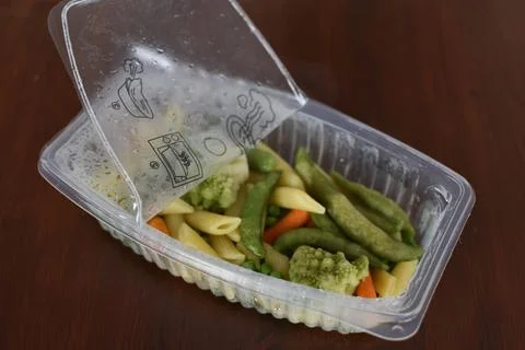 Food in microwave plastic packaging Stock Photos