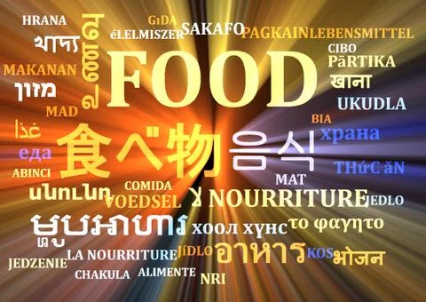 Food multilanguage wordcloud background concept glowing Illustrazione stock