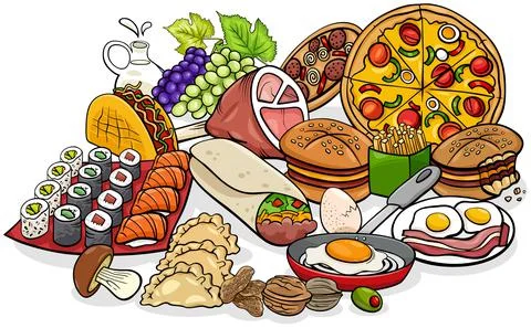 Food objects and dishes group cartoon illustration Stock Illustration