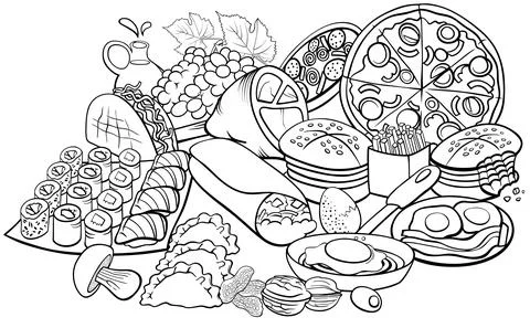 Food objects and dishes group cartoon coloring page Stock Illustration