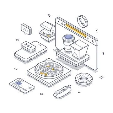 Food order process with various items. Included are a pizza, donuts, and drin Illustrazione stock