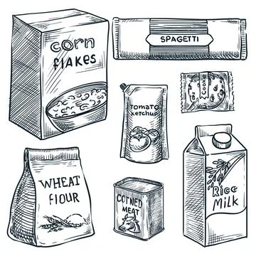 Food in packages, design elements set isolated on white background. Meal in c Stock Illustration