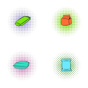 Food packaging icons set in comic style 스톡 일러스트
