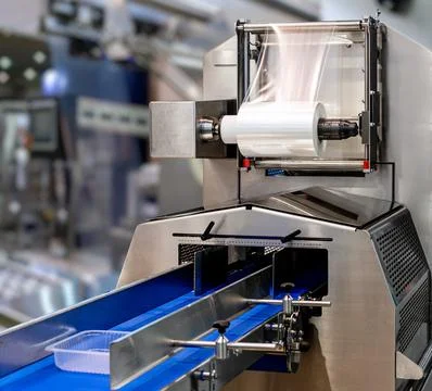 Food packaging machine with empty eco-friendly plastic containers and rolled  Stock Photos