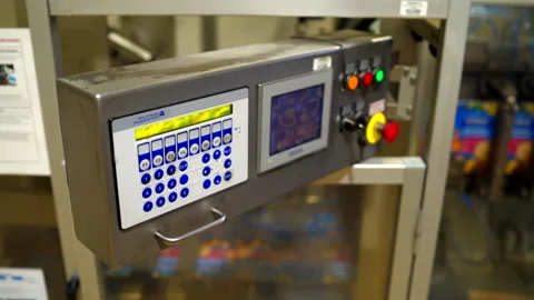 Food packing machine's control panel with a lot of colored buttons Stock Footage 148947540