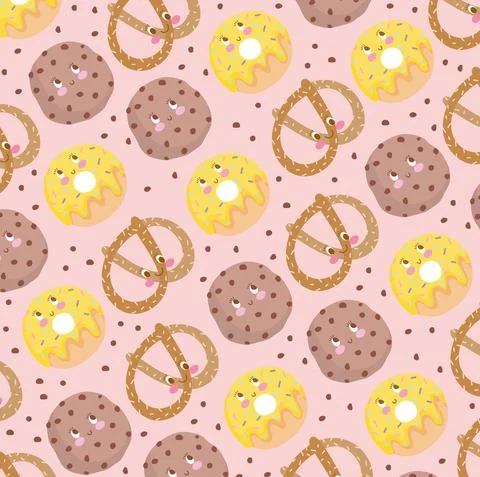Food pattern biscuit and donuts funny happy cartoon Stock Illustration