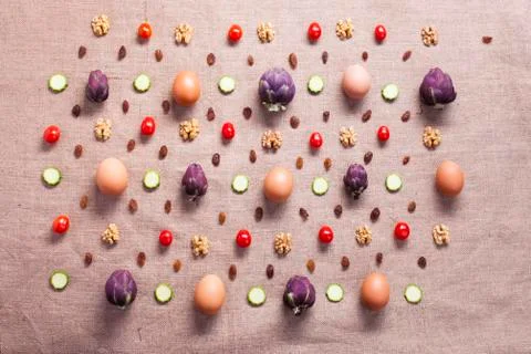 Food pattern of eggs and vegetables on a juta bag Stock Photos