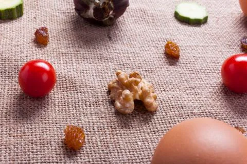 Food pattern of eggs and vegetables on a juta bag Stock Photos