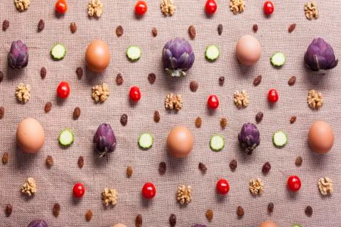 Food pattern of eggs and vegetables on a juta bag Stock Photos