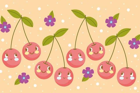Food pattern funny happy cartoon fruit cherries and flwoers Stock Illustration