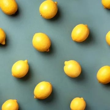 Food pattern with lemons on green paper background. Top view. Summer concept Stock Photos