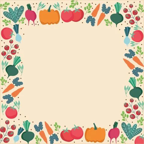 Food pattern, vegetables branches leaf fresh border decoration Stock Illustration