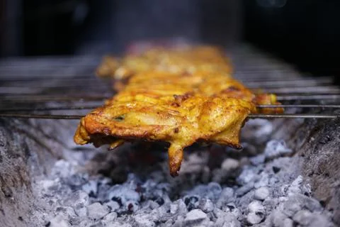 Food photography of barbecue grilled Spicy chicken on skewers in summer with  Stock Photos