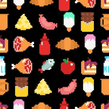 Food pixel art pattern seamless. pixelated food background. 8 bit texture Stock Illustration