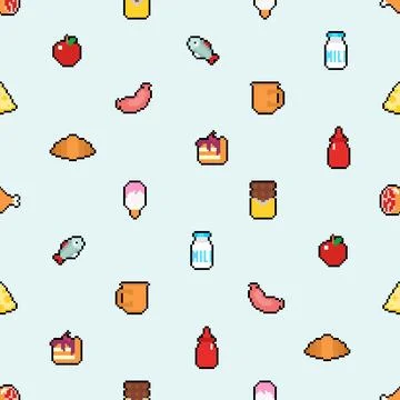 Food pixel art pattern seamless. pixelated food background. 8 bit texture Stock Illustration
