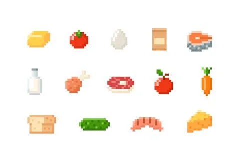 Food pixel set. Vector 8-bit supermarket product illustrations on isolated Stock Illustration