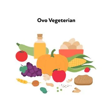 Food plate example concept. Vector flat illustration. Ovo vegetarian diet sym Stock Illustration