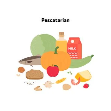 Food plate example concept. Vector flat illustration. Pescatarian vegetarian  Stock Illustration
