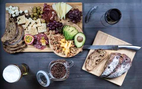 Food platter with beer, wine, and beer Stock Photos