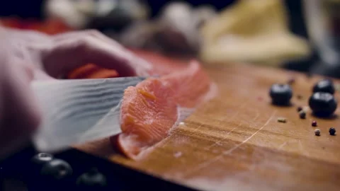 480px x 270px - Food porn red fish Kamchatka salmon thin... | Stock Video | Pond5
