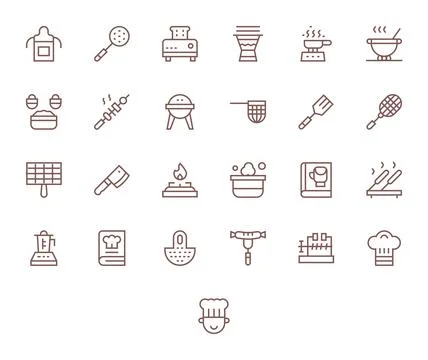 Food Preparation Display Perfect Vector Set with 25 128x128 Regular Line Icon Stock Illustration