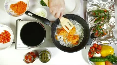 Food Preparation - Fried Vegetables in Frying Pan Stock Footage