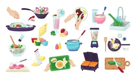 Food preparing set of kitchen cooking and meal preparation hands, vector Stock Illustration
