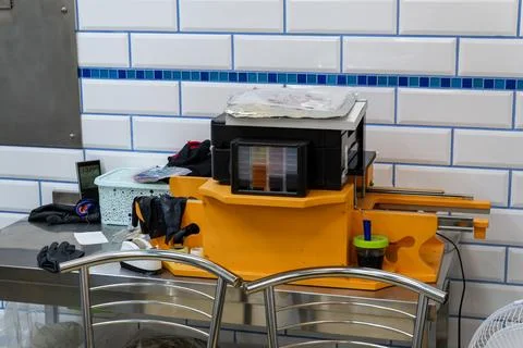 Food Printer on Yellow Support Stand in Professional Commercial Kitchen Stock-Fotos