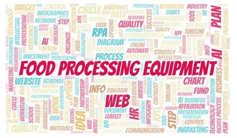 Food Processing Equipment typography word cloud create with the text only. Illustrazione stock