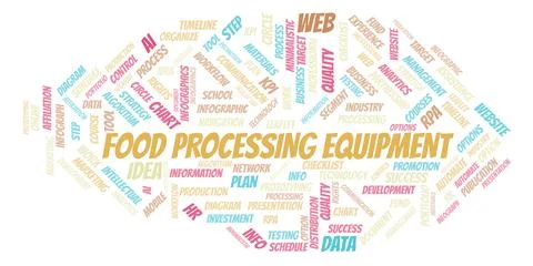 Food Processing Equipment typography word cloud create with the text only. Illustrazione stock