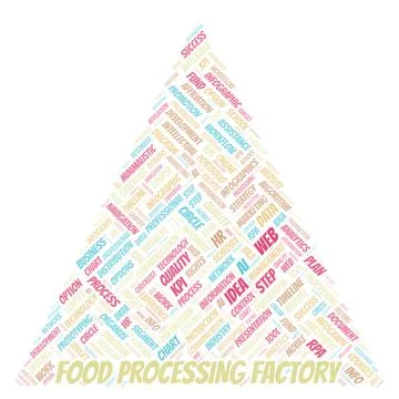 Food Processing Factory typography word cloud create with the text only. Illustrazione stock