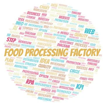 Food Processing Factory typography word cloud create with the text only. Illustrazione stock