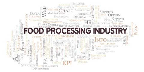 Food Processing Industry typography word cloud create with the text only. Illustrazione stock