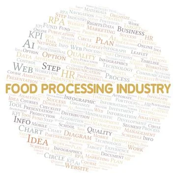 Food Processing Industry typography word cloud create with the text only. Illustrazione stock