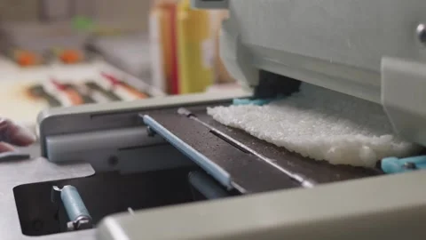 A food processing machine feeds a flat rectangular layer of white rice onto a 库存影片 348688157