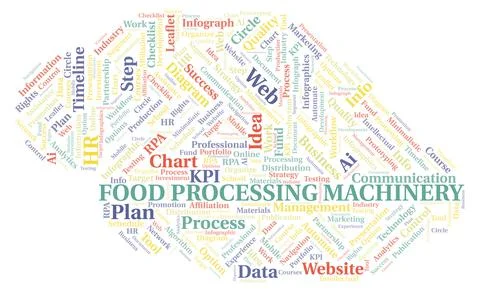 Food Processing Machinery typography word cloud create with the text only. Illustrazione stock
