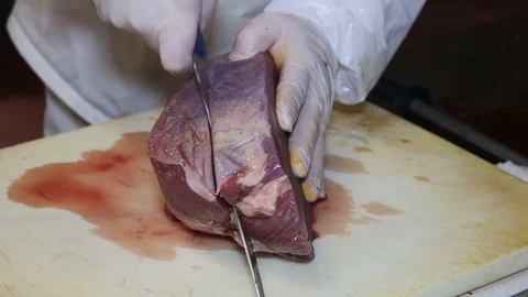 Food processing plant, beef meat. Workers cut meat Stock Footage 85488394