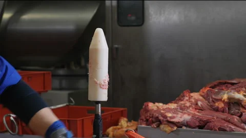 Food processing plant, chicken meat. Close up of man hands cutting chicken with Stock Footage 101809820