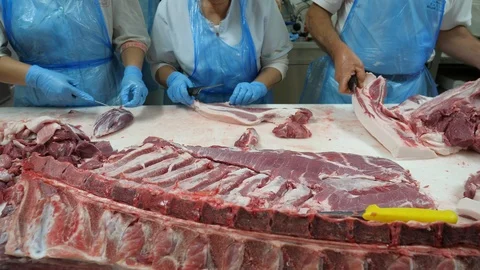Food processing plant, pork meat. Butchers cut meat. Slow motion Stock-Footage 91007231