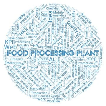 Food Processing Plant typography word cloud create with the text only. Illustrazione stock
