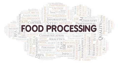 Food Processing typography word cloud create with the text only. Illustrazione stock